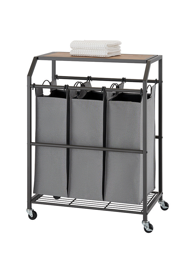 TRINITY | 3-Bag Laundry Cart | w/Flip-Up Top & Wheels | Dark Gray