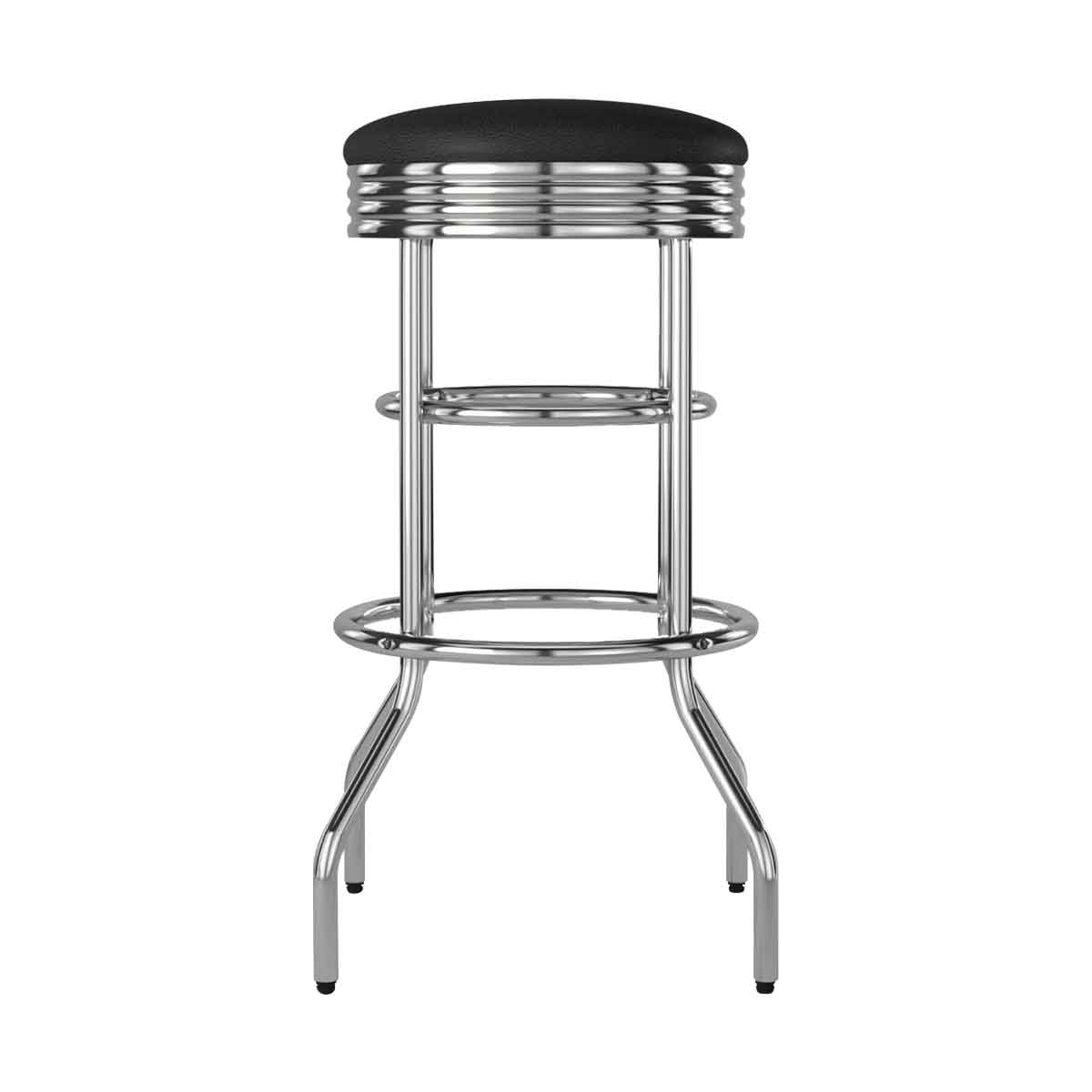 A retro-style chrome bar stool that features a black, padded swivel seat with horizontal chrome banding, supported by a polished chrome frame with two circular footrests and four flared legs.