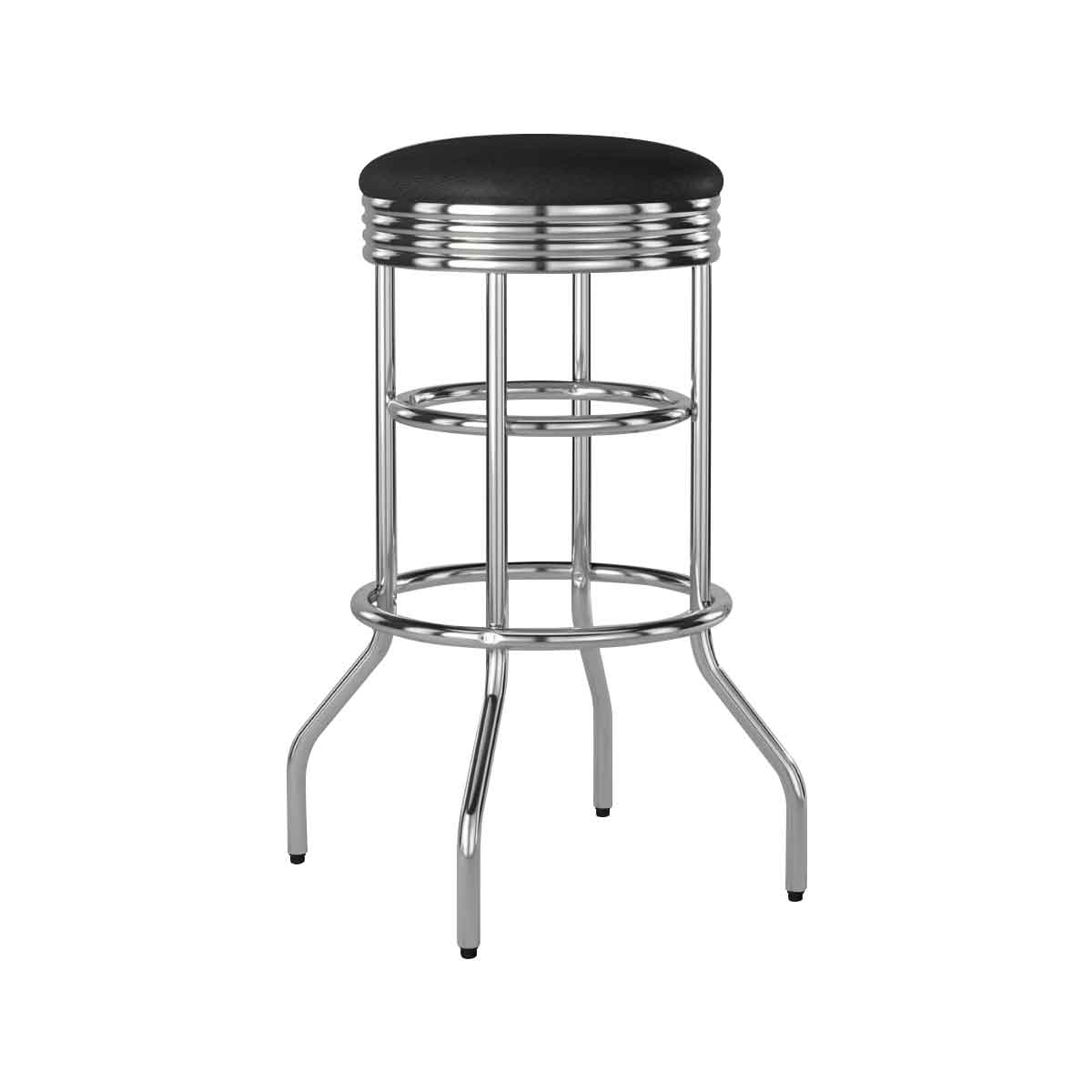 A single retro chrome bar stool with a black, padded seat and shiny silver rings around the base of the cushion. The stool has a footrest and four curved legs, typical of a 1950s diner style.
