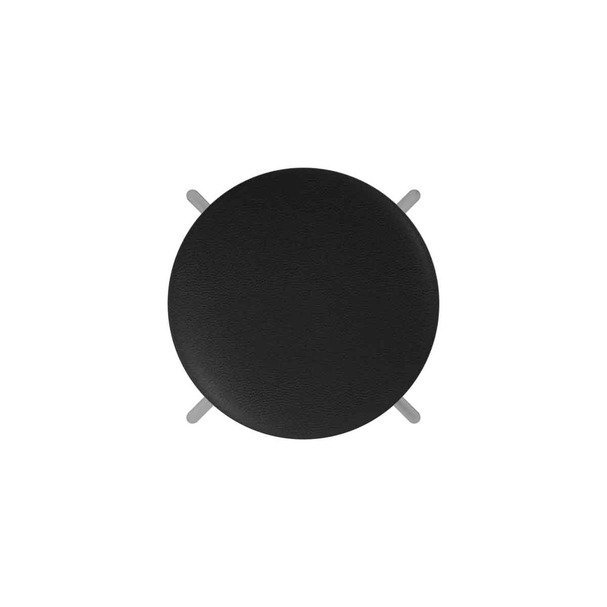 A top view of a black circular stool with four light-colored legs casting distinct shadows on a white surface. The stool's textured seat contrasts with the smooth background.