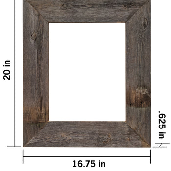 A weathered gray barnwood picture frame is shown against a white background. The frame has outer dimensions of 20 inches in height and 16.75 inches in width, with a thickness of 0.625 inches.