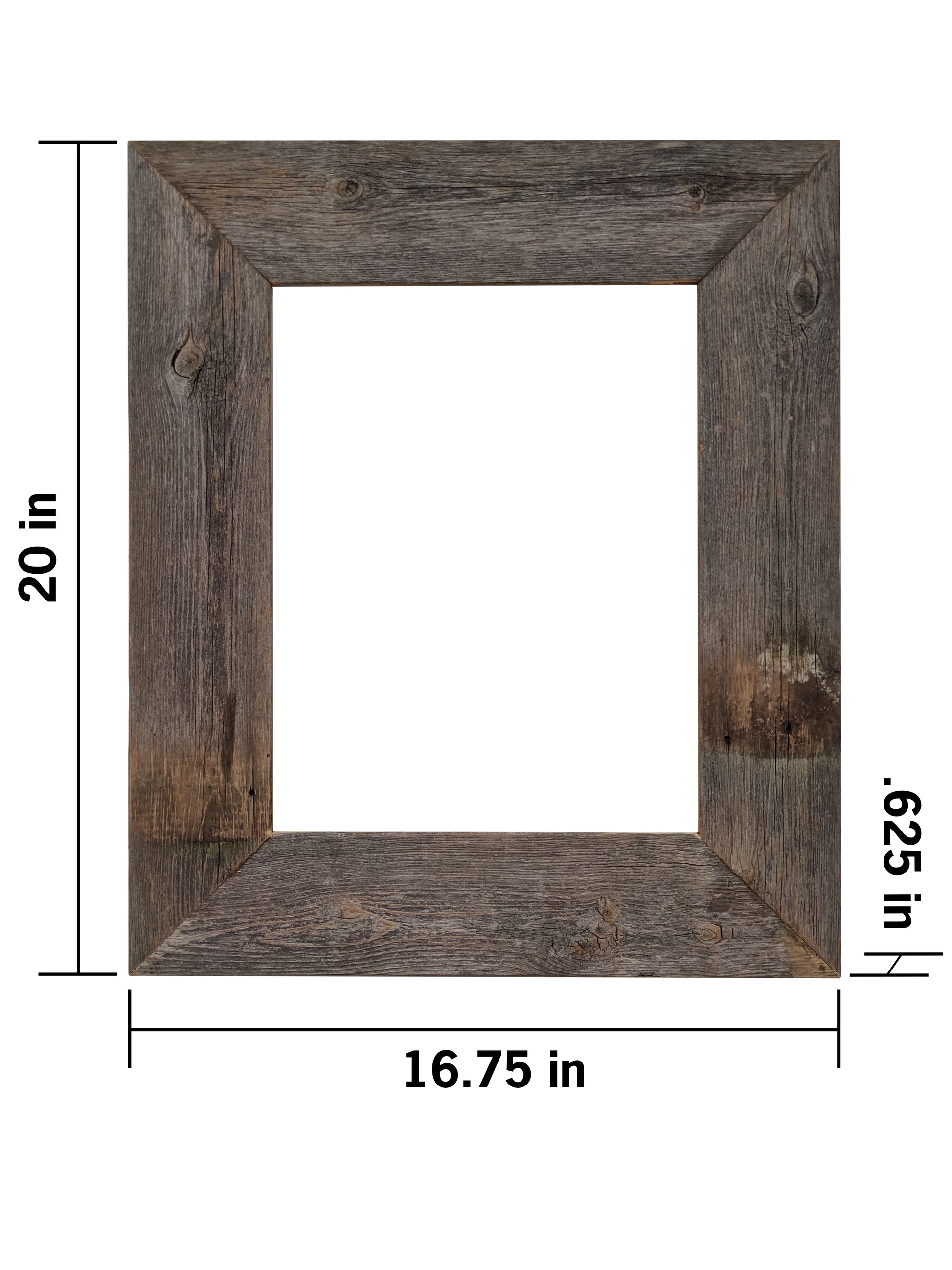 A weathered gray barnwood picture frame is shown against a white background. The frame has outer dimensions of 20 inches in height and 16.75 inches in width, with a thickness of 0.625 inches.