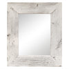 A rectangular mirror with a distressed white wooden frame featuring visible wood grain and knots. The reflective surface is clear, and the rustic design gives it a vintage or farmhouse-style appearance.