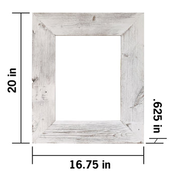 A distressed white wooden picture frame is shown face-on, with its dimensions labeled. The frame has an outer width of 16.75 inches, an outer height of 20 inches, and a depth or thickness of 0.625 inches.