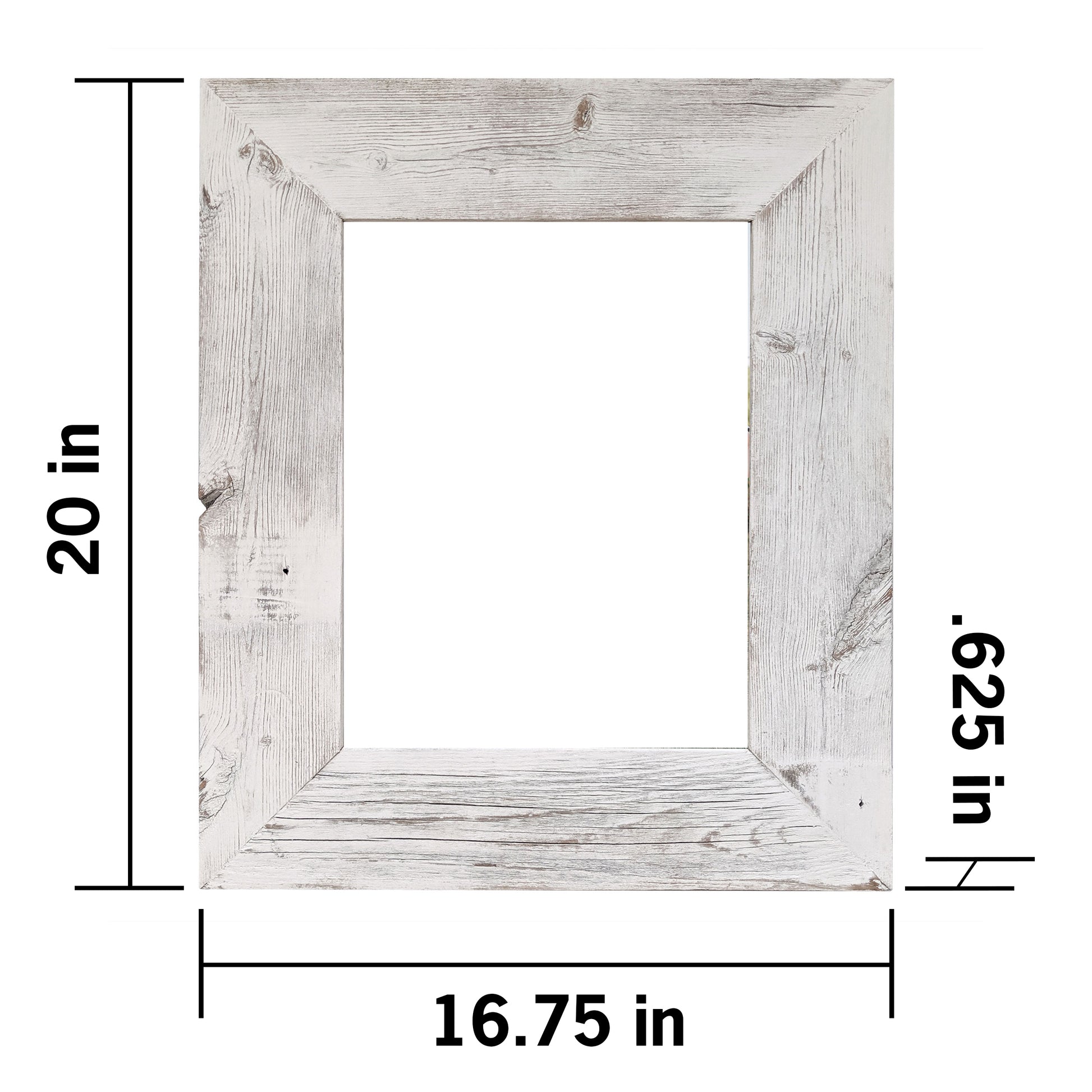 A distressed white wooden picture frame is shown face-on, with its dimensions labeled. The frame has an outer width of 16.75 inches, an outer height of 20 inches, and a depth or thickness of 0.625 inches.