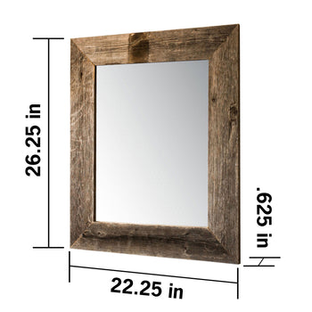 A rectangular mirror with a rustic barnwood frame is shown at a slight angle. Dimensions are indicated with arrows: the height is 26.25 inches, the width is 22.25 inches, and the frame thickness is 0.625 inches.