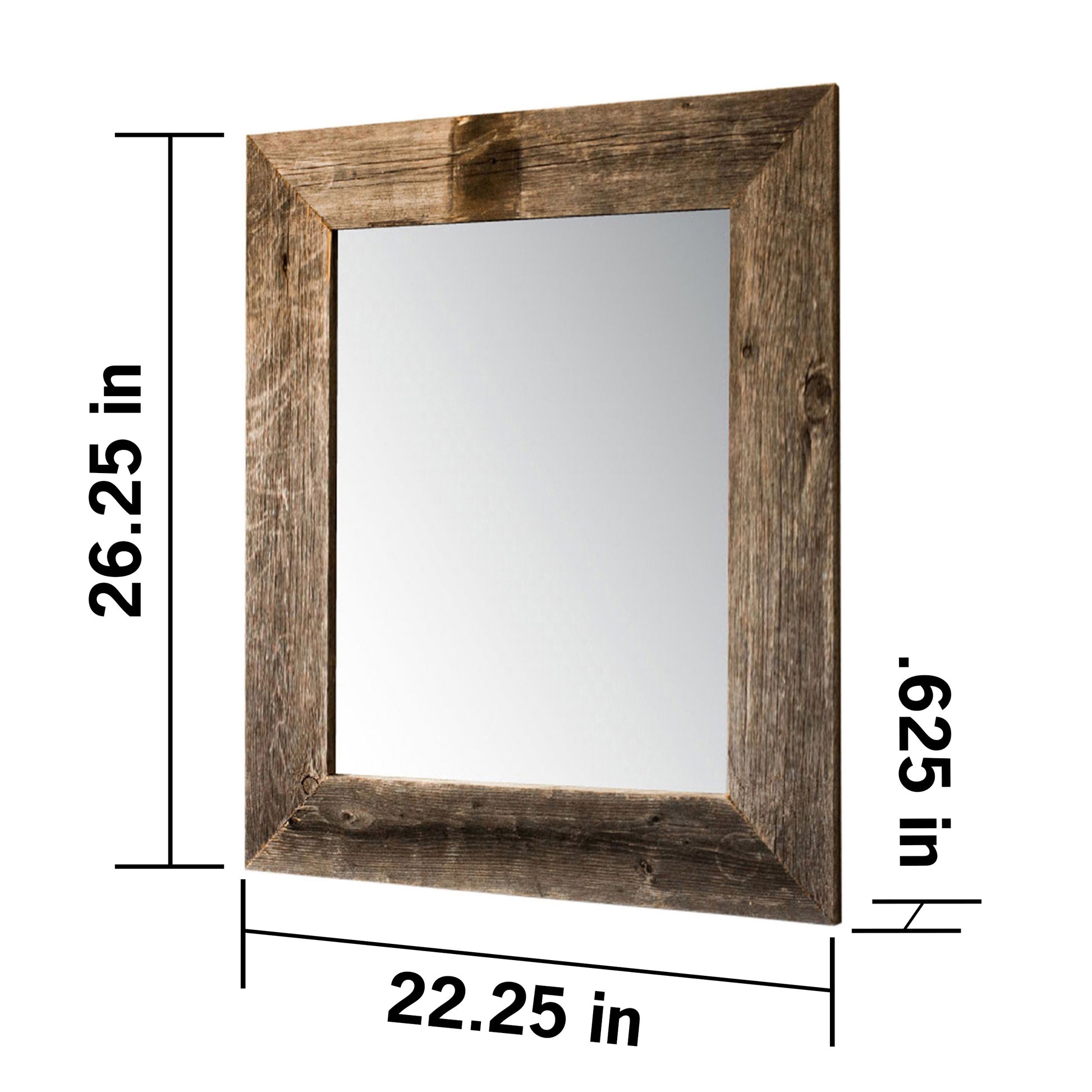 A rectangular mirror with a rustic barnwood frame is shown at a slight angle. Dimensions are indicated with arrows: the height is 26.25 inches, the width is 22.25 inches, and the frame thickness is 0.625 inches.