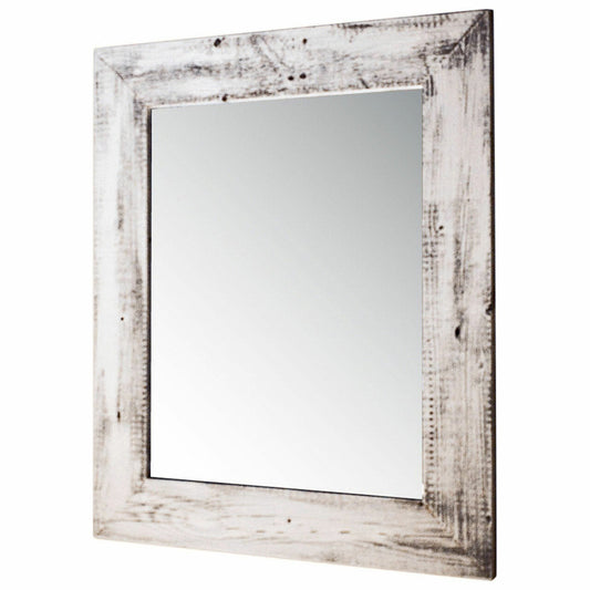 A rectangular, rustic, barnwood framed mirror, perfect for adding a vintage touch to a room. The frame is white with a weathered look, highlighting the natural wood grain beneath.