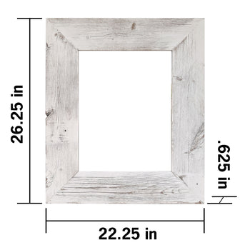 A front view of a distressed white wooden picture frame with measurements. The frame measures 26.25 inches in height, 22.25 inches in width, and has a depth of 0.625 inches.