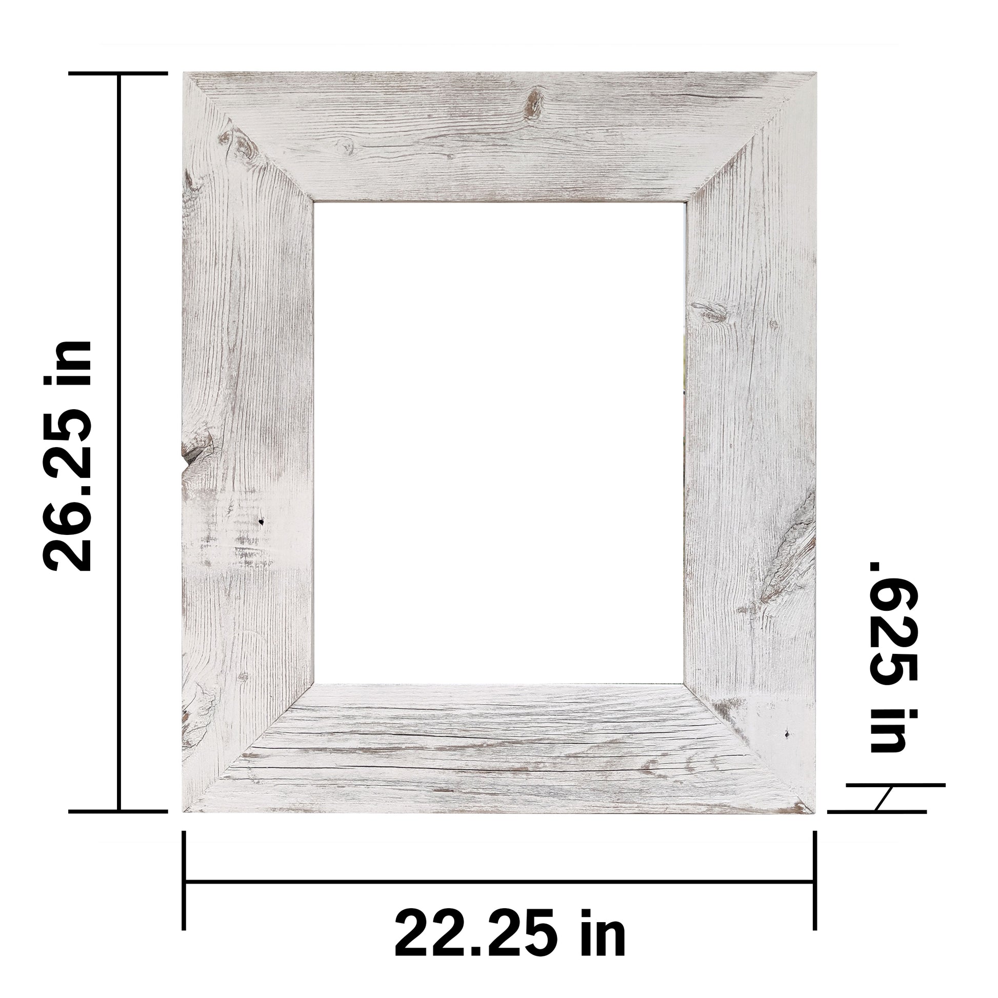 A front view of a distressed white wooden picture frame with measurements. The frame measures 26.25 inches in height, 22.25 inches in width, and has a depth of 0.625 inches.