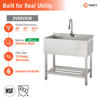 An informational graphic for a Trinity commercial-grade stainless steel utility sink displays an overview of its technical specifications. The image lists dimensions of 36