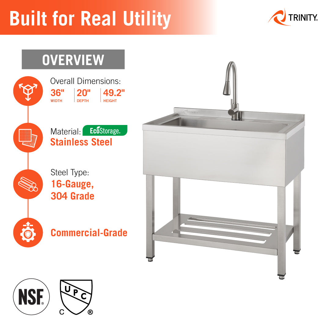 An informational graphic for a Trinity commercial-grade stainless steel utility sink displays an overview of its technical specifications. The image lists dimensions of 36" width, 20" depth, and 49.2" height, while highlighting its 16-gauge, 304-grade steel construction and NSF certification.