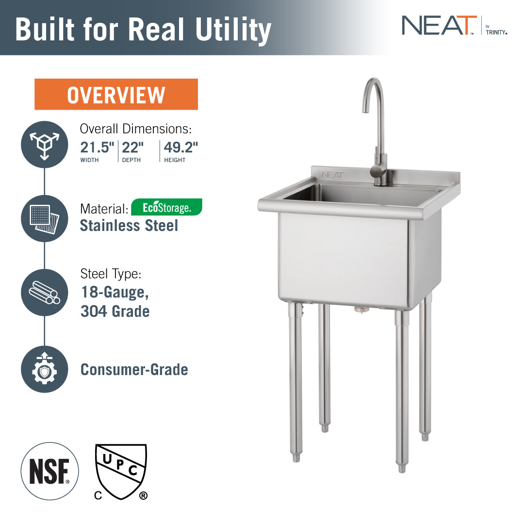 NEAT EcoStorage® | Stainless Steel Utility Sink | NSF | w/ Faucet