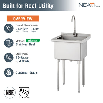 This product overview image displays a Neat by Trinity stainless steel utility sink alongside its technical specifications, including overall dimensions of 21.5 inches wide, 22 inches deep, and 49.2 inches high. It notes the consumer-grade construction features EcoStorage 18-gauge, 304-grade stainless steel, and includes NSF and cUPC certification logos at the bottom.