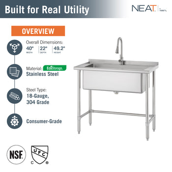 This product overview graphic for a NEAT by TRINITY utility sink presents key specifications, including dimensions of 24 inches wide by 22 inches deep by 49.2 inches high. The image also highlights its 18-gauge, 304-grade stainless steel material and consumer-grade construction, along with NSF and UPC certification logos.