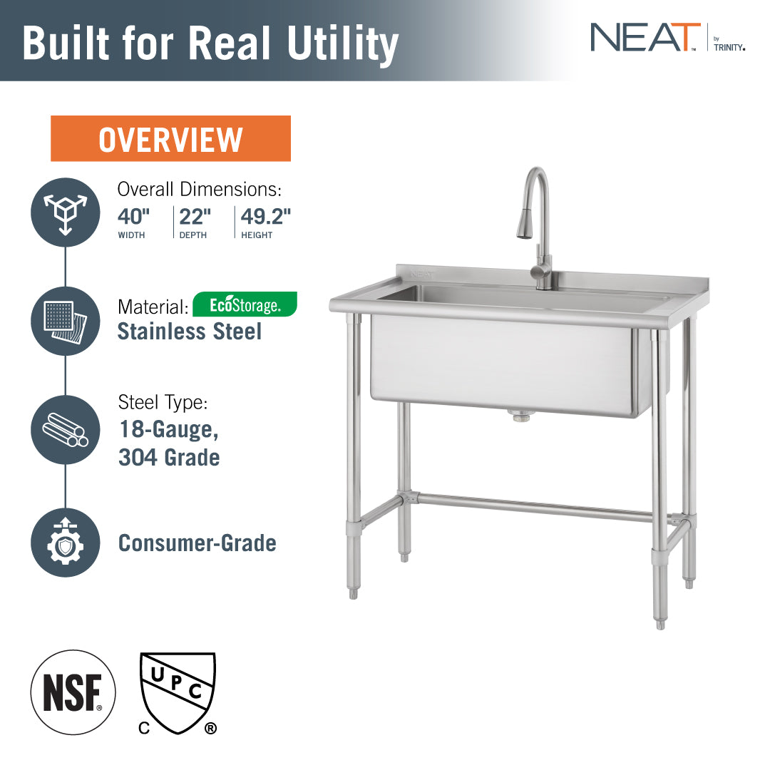This product overview graphic for a NEAT by TRINITY utility sink presents key specifications, including dimensions of 24 inches wide by 22 inches deep by 49.2 inches high. The image also highlights its 18-gauge, 304-grade stainless steel material and consumer-grade construction, along with NSF and UPC certification logos.