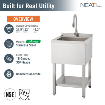 This commercial-grade utility sink from NEAT by Trinity is constructed from 18-gauge, 304-grade EcoStorage stainless steel and features NSF and c-UPC certifications. The unit measures 21.5