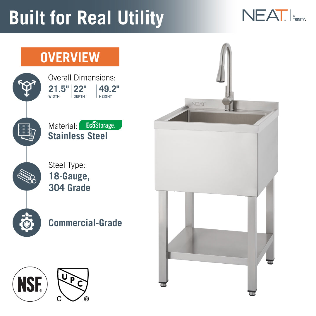 This commercial-grade utility sink from NEAT by Trinity is constructed from 18-gauge, 304-grade EcoStorage stainless steel and features NSF and c-UPC certifications. The unit measures 21.5" W x 22" D x 49.2" H and includes a swivel faucet, a deep basin with a small backsplash, and a bottom storage shelf.