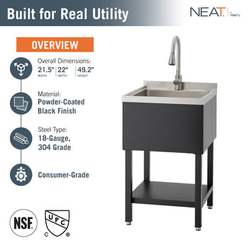 This NEAT by Trinity utility sink features a powder-coated black finish and a stainless steel basin with a high-arc pull-down faucet. The consumer-grade unit is constructed from 18-gauge, 304-grade steel and measures 21.5