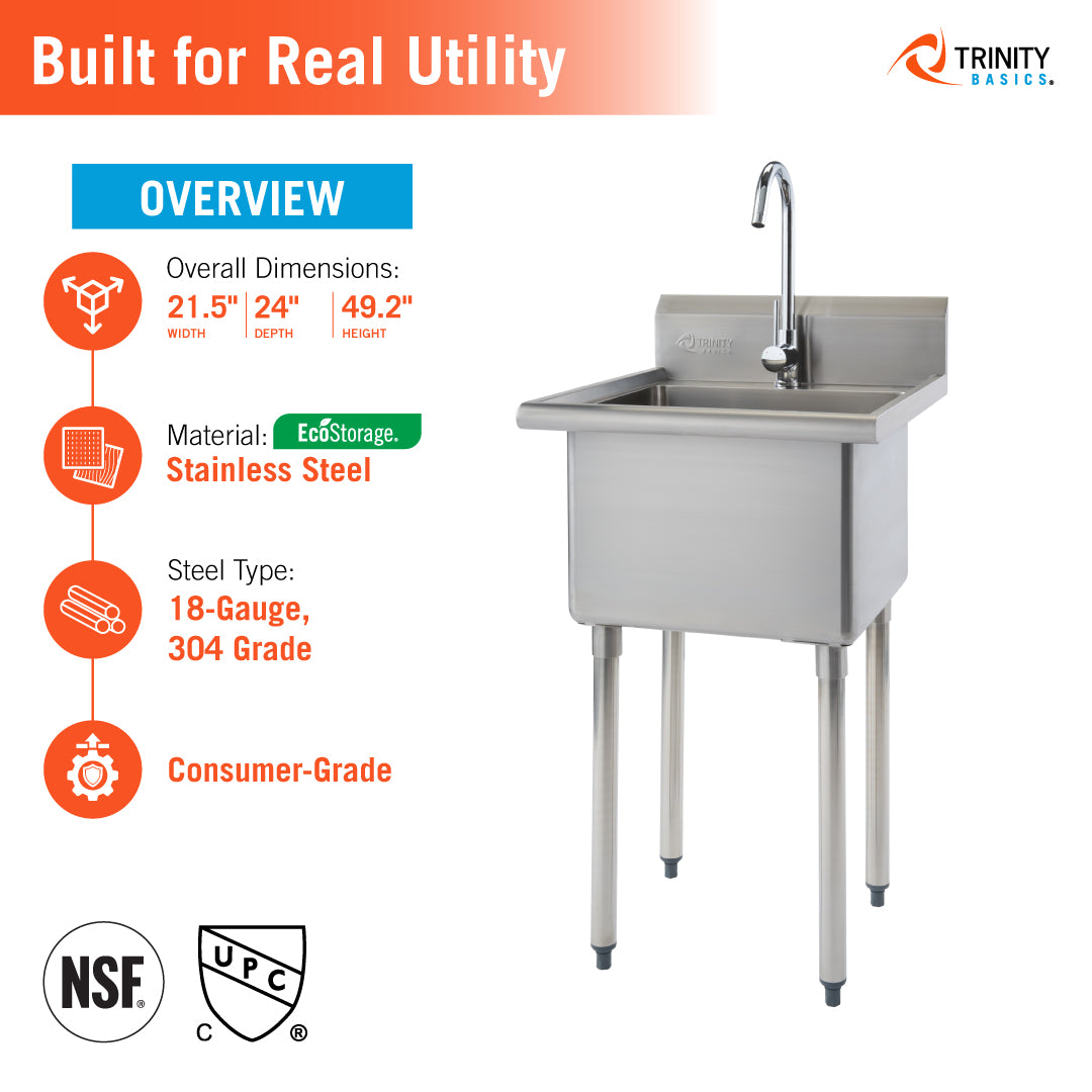 The Trinity Basics stainless steel utility sink with an overview of its technical specifications and certifications. This consumer-grade unit is constructed from 18-gauge, 304-grade stainless steel and measures 21.5" wide by 24" deep by 49.2" high.