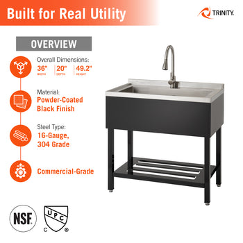An informational graphic for a Trinity commercial-grade utility sink displays technical specifications for a model with a powder-coated black finish. The image lists overall dimensions of 36