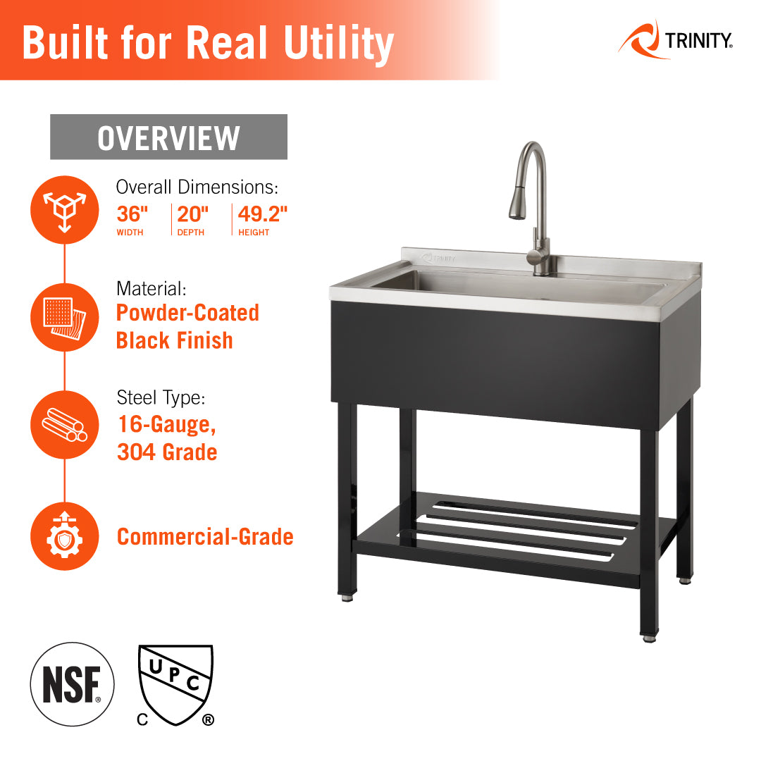 An informational graphic for a Trinity commercial-grade utility sink displays technical specifications for a model with a powder-coated black finish. The image lists overall dimensions of 36" width, 20" depth, and 49.2" height, while noting the use of 16-gauge, 304-grade steel and NSF certification.