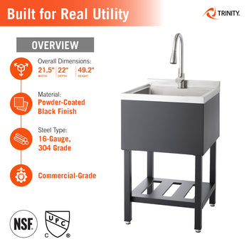 This Trinity commercial-grade utility sink features a powder-coated black finish and is constructed from 16-gauge, 304-grade stainless steel. The unit measures 21.5
