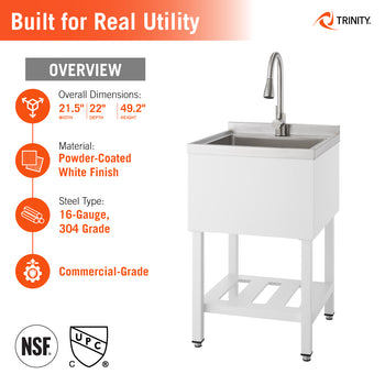 This Trinity commercial-grade utility sink features a powder-coated white finish and is constructed from 16-gauge, 304-grade stainless steel. The unit measures 21.5