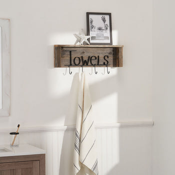 A rustic wooden shelf with the word 