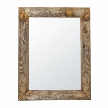 This is a rectangular mirror with a frame made of weathered barnwood planks. The wood shows varied shades of gray and brown, suggesting age and exposure, with metal corner accents.