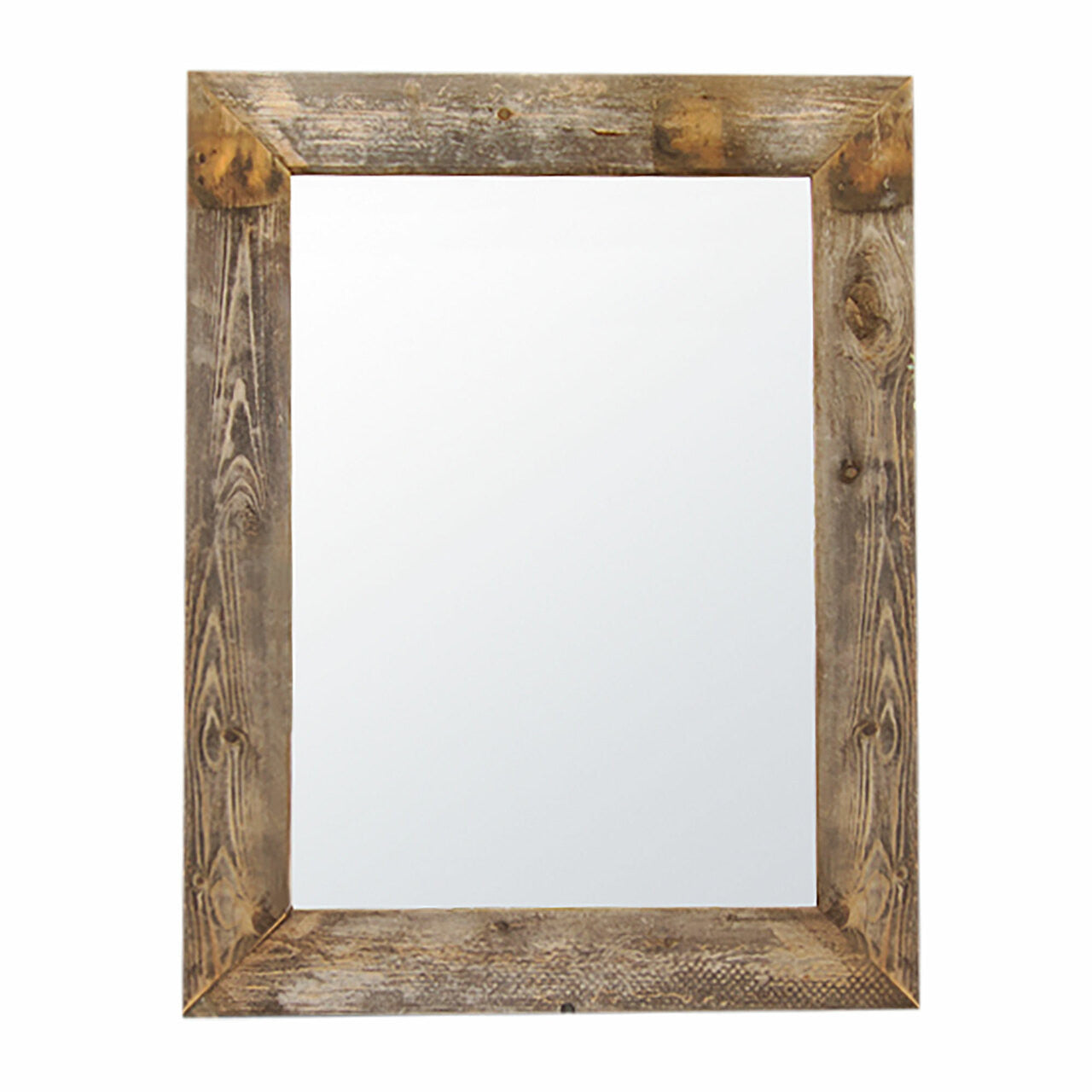 This is a rectangular mirror with a frame made of weathered barnwood planks. The wood shows varied shades of gray and brown, suggesting age and exposure, with metal corner accents.