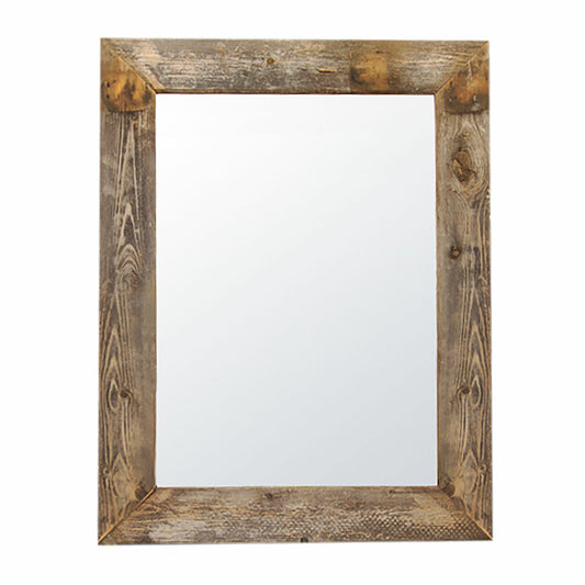 This is a rectangular mirror with a frame made of weathered barnwood planks. The wood shows varied shades of gray and brown, suggesting age and exposure, with metal corner accents.