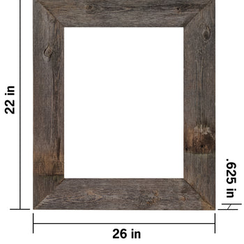 A weathered gray open picture frame is shown against a white background, with dimensions indicating an outer size of 26 inches wide and 22 inches tall. The frame has a thickness of 0.625 inches.