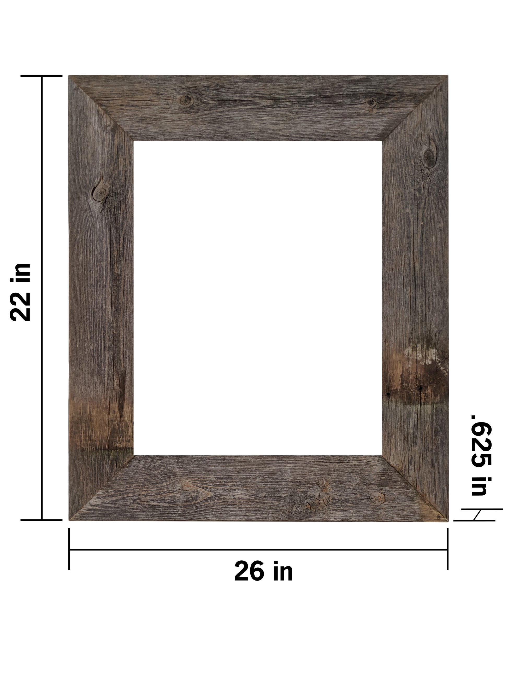 A weathered gray open picture frame is shown against a white background, with dimensions indicating an outer size of 26 inches wide and 22 inches tall. The frame has a thickness of 0.625 inches.