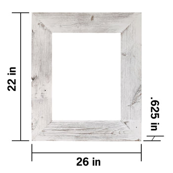 A rectangular, whitewashed barnwood mirror frame is shown with its outer dimensions labeled as 22 inches in height and 26 inches in width. The frame itself has a width of 0.625 inches.