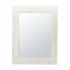 This is a rectangular mirror with a distressed white wood frame. The mirror reflects a slightly angled view of a person holding the camera.