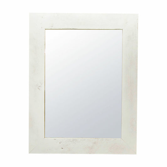 This is a rectangular mirror with a distressed white wood frame. The mirror reflects a slightly angled view of a person holding the camera.