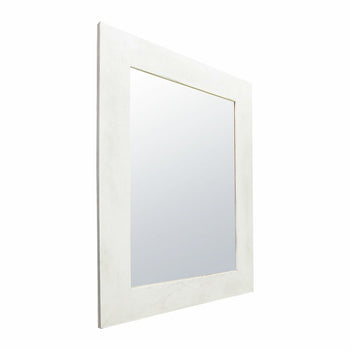 A square, white-washed wooden framed mirror against a white background. The mirror reflects a slightly angled view of the photographer or the surrounding area.