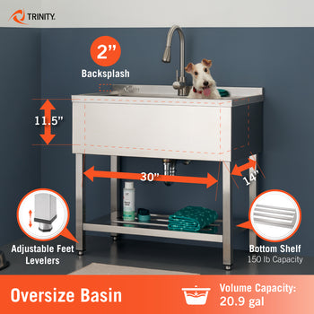 A Trinity stainless steel utility sink is shown with technical specifications for its oversize basin, which features a 20.9-gallon volume capacity. The diagram highlights basin dimensions of 30 inches in width, 14 inches in depth, and 11.5 inches in height, along with a 2-inch backsplash and a bottom shelf with a 150 lb capacity.