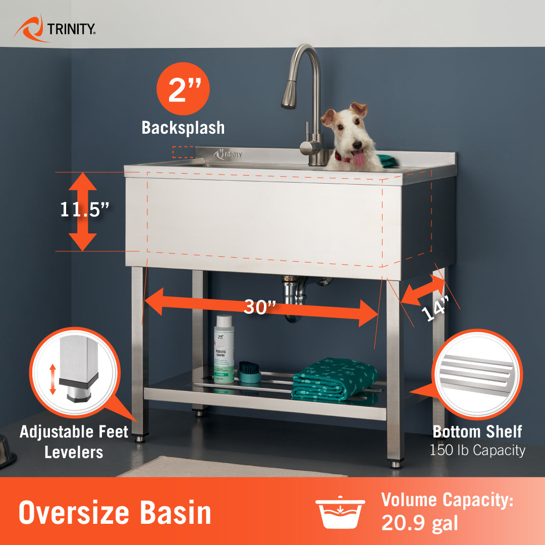 A Trinity stainless steel utility sink is shown with technical specifications for its oversize basin, which features a 20.9-gallon volume capacity. The diagram highlights basin dimensions of 30 inches in width, 14 inches in depth, and 11.5 inches in height, along with a 2-inch backsplash and a bottom shelf with a 150 lb capacity.
