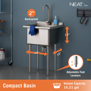 This detailed product image of a stainless steel Compact Basin highlights its key measurements for installation, including a 13-inch deep basin, an 18-inch width, and a 16-inch depth between the adjustable feet levelers. It also details the 2-inch backsplash and lists the large 16.21-gallon volume capacity at the bottom.
