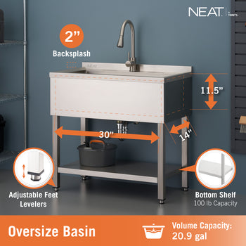The NEAT by Trinity utility sink features an oversized stainless steel basin with a 20.9-gallon volume capacity and interior dimensions of 30