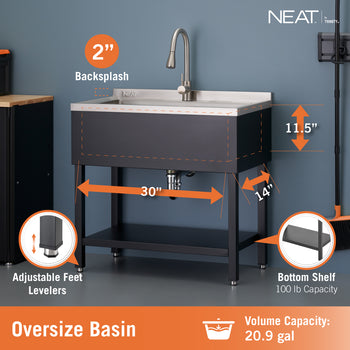 The NEAT by Trinity utility sink features an oversized stainless steel basin with a 20.9-gallon volume capacity and dimensions of 30