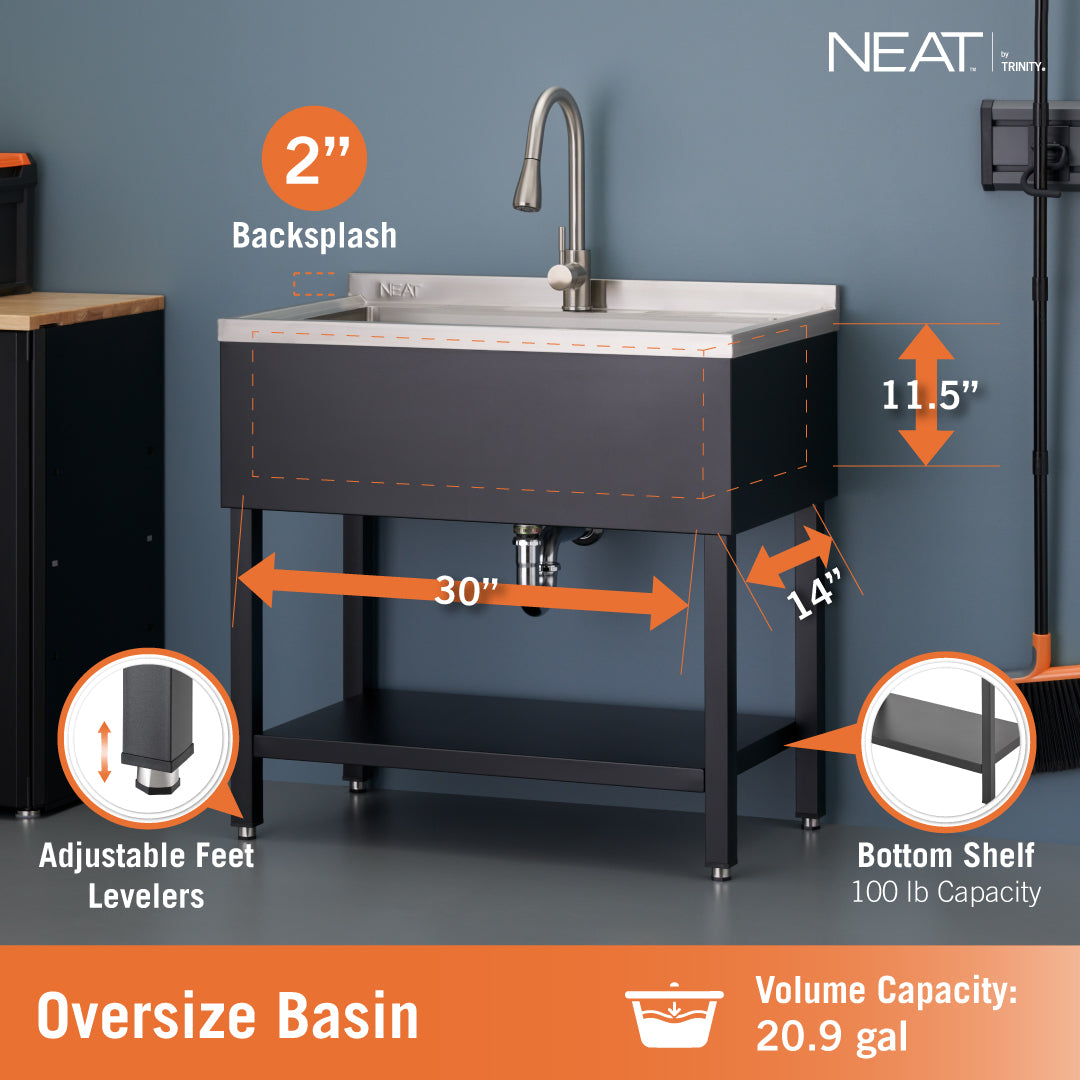 The NEAT by Trinity utility sink features an oversized stainless steel basin with a 20.9-gallon volume capacity and dimensions of 30" W x 14" D x 11.5" H. This powder-coated black unit includes a 2" backsplash, adjustable feet levelers, and a bottom storage shelf with a 100 lb weight capacity.