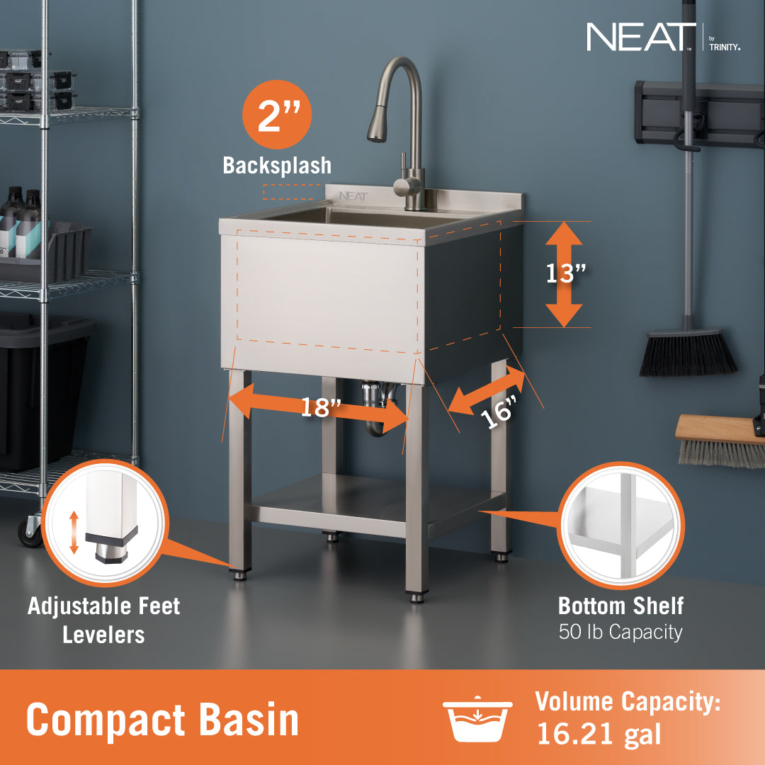 This NEAT by Trinity utility sink features a compact stainless steel basin with a 16.21-gallon volume capacity and internal dimensions of 18" W x 16" D x 13" H. The unit is equipped with a 2" backsplash, adjustable feet levelers, and a bottom storage shelf with a 50 lb weight capacity.