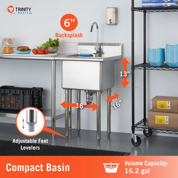 A Trinity Basics stainless steel utility sink is shown with technical specifications, featuring a compact basin with a 16.2-gallon volume capacity. The diagram highlights dimensions including an 18-inch width, 16-inch depth, 13-inch basin height, and a 6-inch backsplash, along with a callout for its adjustable feet levelers.