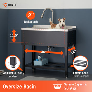 A Trinity utility sink with a black finish is shown with technical specifications for its oversize basin, which has a 20.9-gal volume capacity. The diagram for image_80b7dc.png highlights basin dimensions of 30 inches in width, 14 inches in depth, and 11.5 inches in height, along with a 2-inch backsplash and a bottom shelf with a 150 lb capacity.