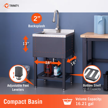 This Trinity utility sink features a compact black basin with a 16.21-gallon volume capacity and internal dimensions of 18