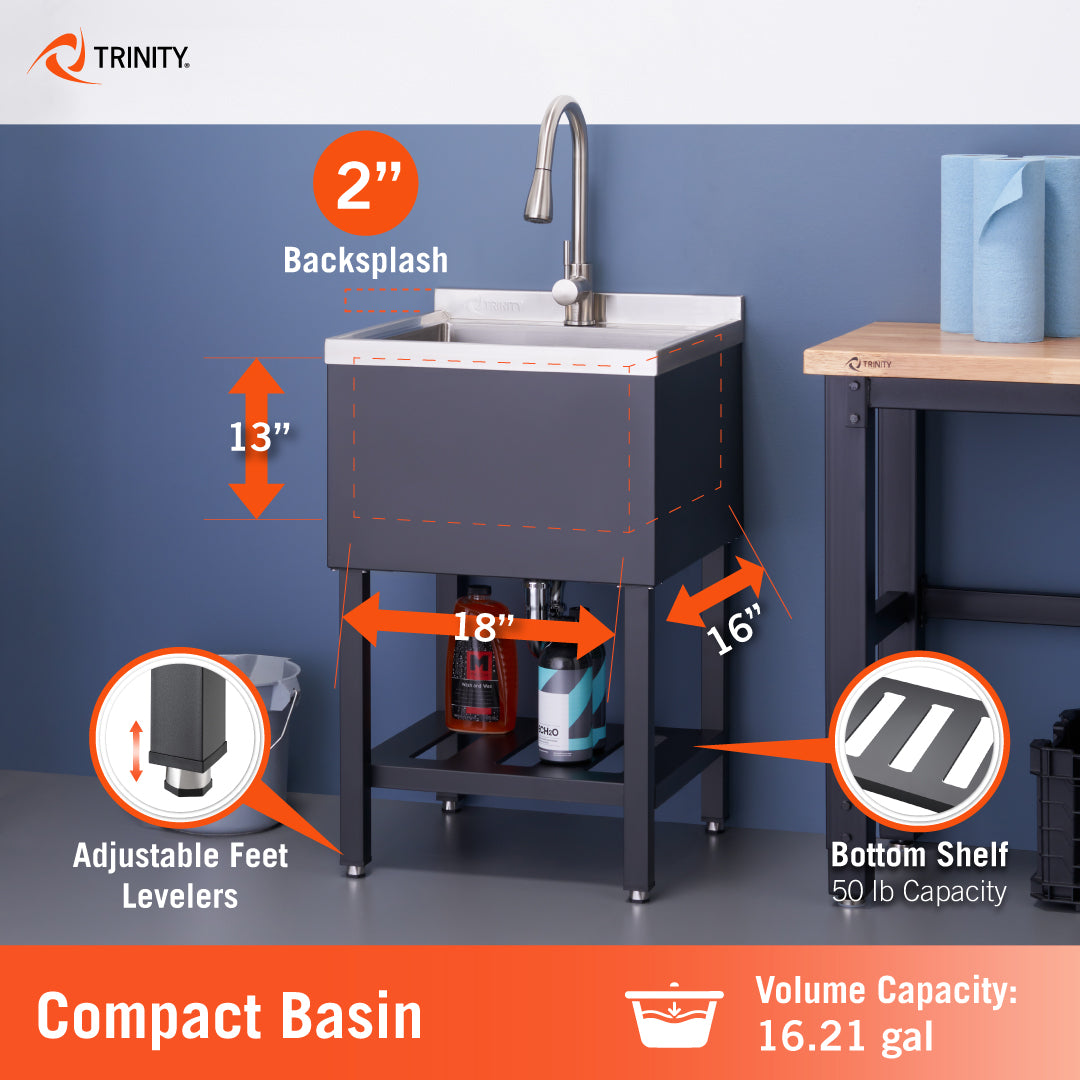 This Trinity utility sink features a compact black basin with a 16.21-gallon volume capacity and internal dimensions of 18" W x 16" D x 13" H. The unit is equipped with a 2" backsplash, adjustable feet levelers, and a bottom storage shelf with a 50 lb weight capacity.