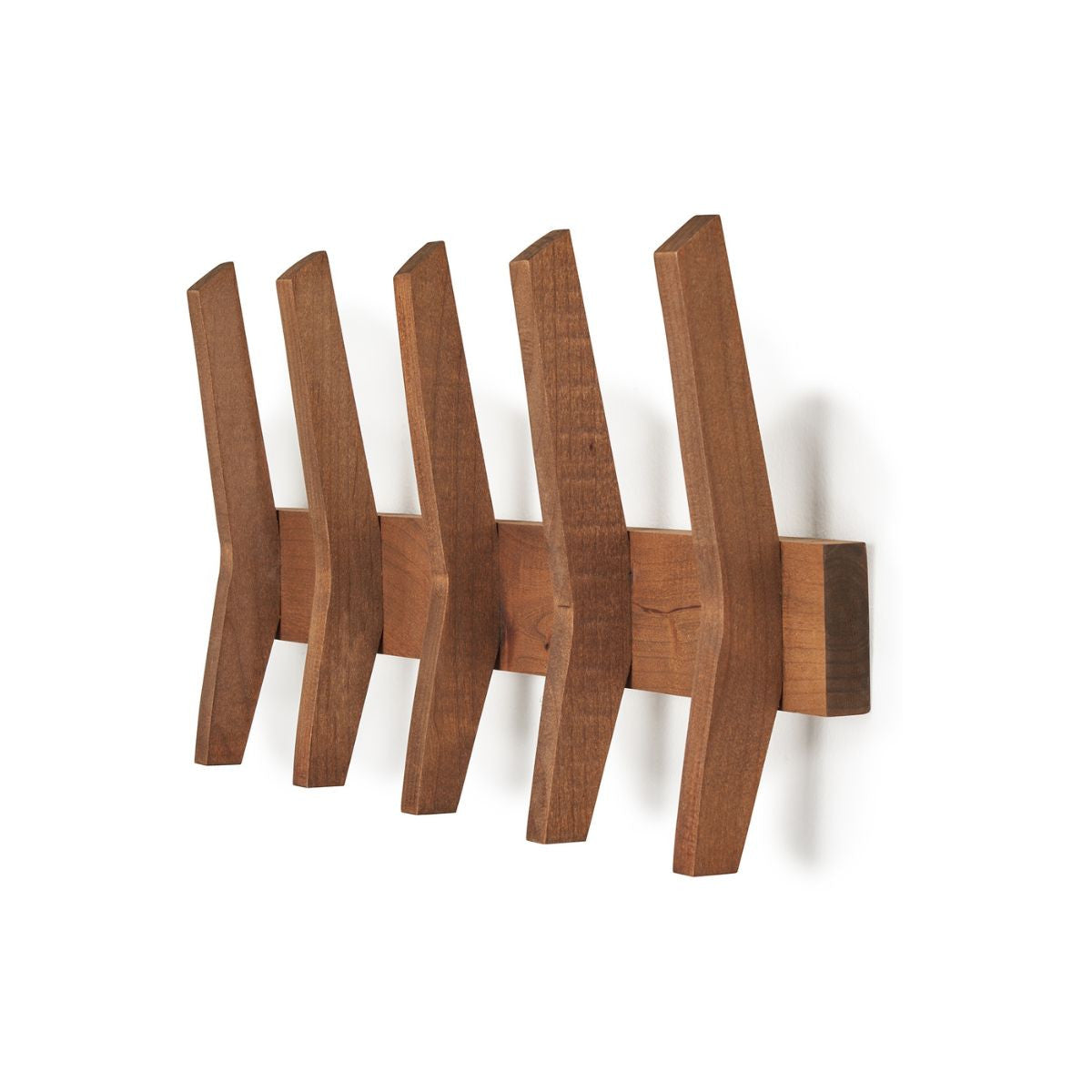 A side view shows a Drakestone Mid-Century coat rack mounted to a white wall. The rack features a long, rectangular wooden base with five evenly spaced wooden hooks that jut out at a slight upward angle.